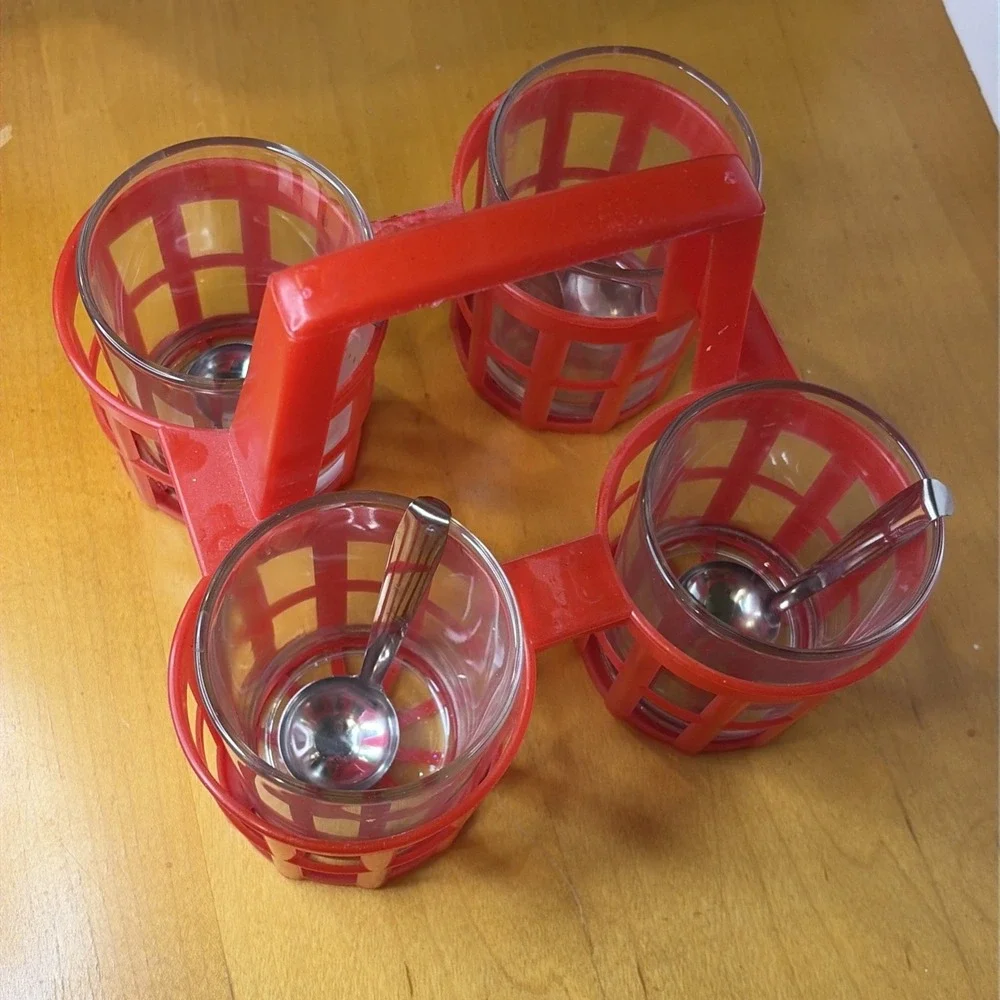 Crate&Barrel Red Condiment Caddy Jars w/ Ladles Picnic Cookout BBQ Party 4 Lids